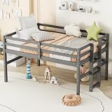 Kids Low Loft Bed, Twin Size Loft Bed with Side Ladder and Safety Guardrails, Wood Loft Bed Frame for Girls, Boys, Kids, Teens, Gray.