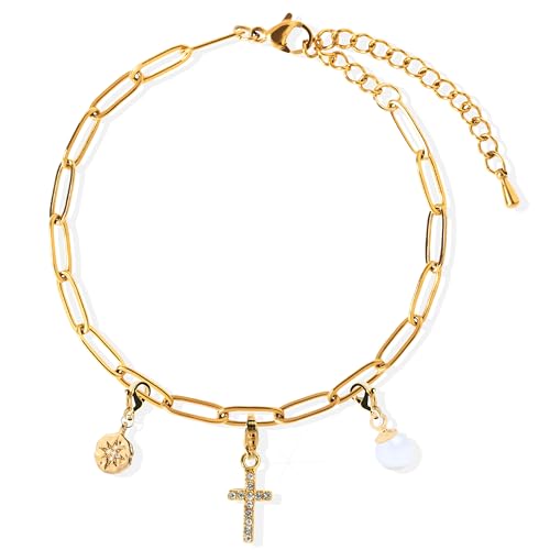 Charm Bracelet for Women, Charm Bracelet with Charms, Pearl Compass Cross Charms, Handmade Jewelry, Gold Bracelets for Women (Style 1)