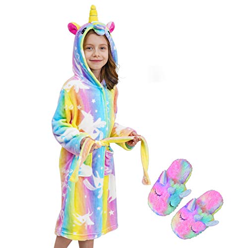 Unicorn Hooded Bathrobe Sleepwear Matching Slippers Girls Gifts (Doctor Unicorn, 3-4 Years)