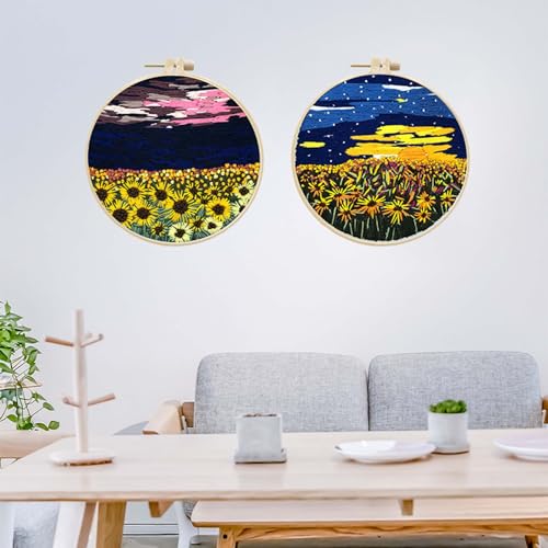 Image of Allazone 2 Sets Embroidery Kit for Beginners, Stitch Practice Kits for Craft Lover Hand Stitch with Embroidery Fabric with Stamped Pattern, Starter Stitch Kits Suitable for Adults (Sunset)