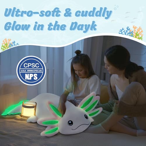 Image of MaoGoLan Giant Glow in the Dark Axolotl Plush Pillow - 48'' Pink Axolotl Stuffed Animal, Hugging Salamander Plush Toy for Kids Girl Boy, Large Salamander Body Pillow Birthday Gift Baby Shower Decor