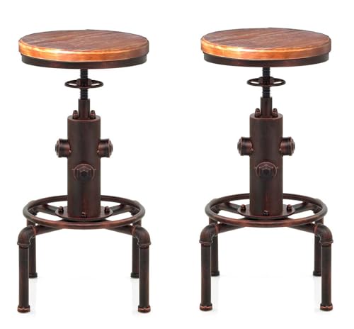 Topower American Antique Vintage Industrial Barstool Solid Wood Water Pipe Fire Hydrant Design Cafe Coffee Industrial Bar Stool Set Of 2 Red Bronze