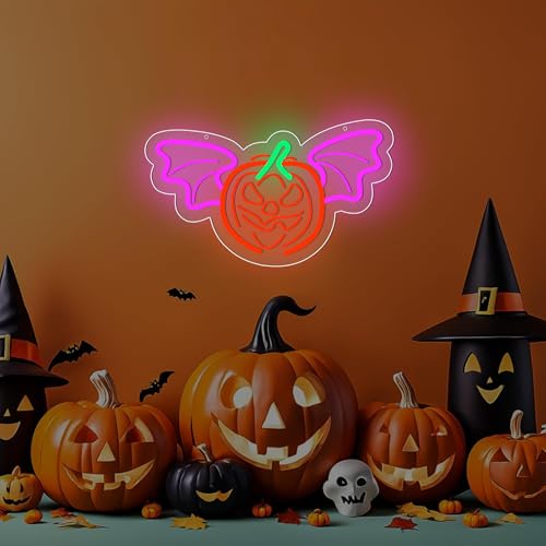 Image of ENUOLI Halloween Neon Sign Pumpkin Bat Neon Signs for Wall LED Lights Sign for Bedroom Dimmable LED Sign Neon Wall Light for Halloween Party Decoration Bedroom Bar Shops