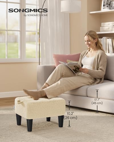 Image of SONGMICS Foot Stool, Small Teddy Fleece Footstool Ottoman with Thick Cushion and Legs, for Living Room, Bedroom, Entryway, 330 lb Weight Capacity, Summer Sand and Ink Black ULOM503LF01