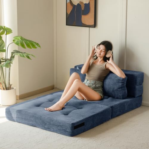 Image of MAXYOYO Convertible Sofa Bed, Fold Out Sofa Couch with Pillow for Adults | Loveseat Sofa 4 in 1 Tufted Folding Couch Bed Foam Floor Couch, Lazy Chair for Living Room Bedroom Guest Room, Dusty Blue