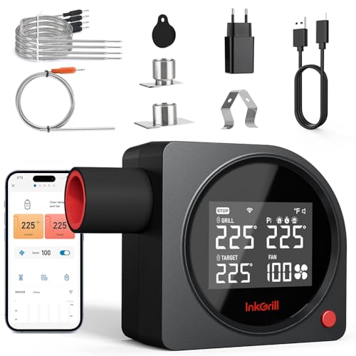 INKGRILL Smoker Temperature Controller for Big Green Egg, 5G WiFi & 164FT Bluetooth Automatic BBQ Fan with LCD Screen, 5 Probes, Overnight Cooking Grill Fan for Kamado, Weber, Ceramic Charcoal Grills