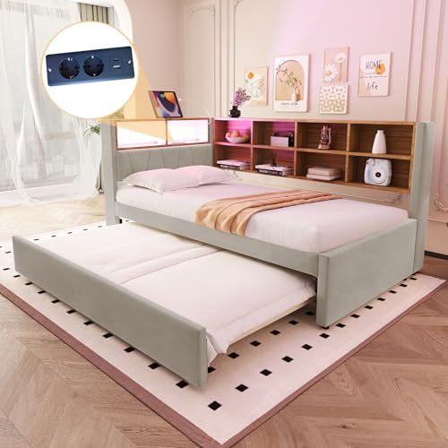 Merax Sofá cama de 90 x 200 cm, con cama nido de 90 x 190 cm, luces LED, enchufes y conexiones USB/tipo C, cama tapizada con mucho espacio de almacenamiento y compartimentos, funda de franela, gris