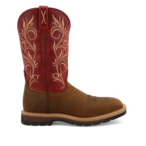 Twisted X Women's 11" Western Work Boot, Square Toe Steel Toe, Distressed Latigo & Red, 8 B4