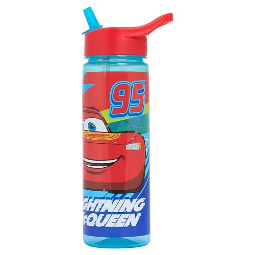 Disney Cars Lightening McQueen Water Bottle with Flip Up Straw Blue 600ml BPA Free Recyclable for Ages 36+ Months (Cars Kachow)