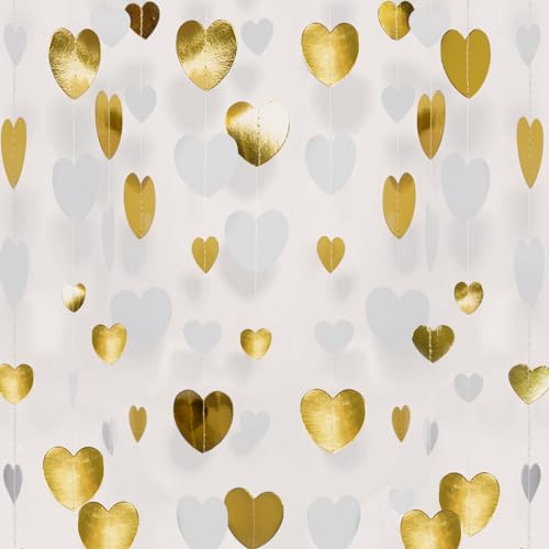GCQQ White Gold Heart Garlands - 52Ft Glitter Valentines Day Decorations 4 Packs Paper Heart Hanging Streamers Garland for Valentines Day Party Decoration Wedding Birthday Bridal Shower Decor