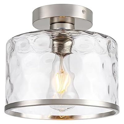 Zlepmlla Modern Semi Flush Mount Ceiling Light Industrial Clear Hammered Glass Lampshade Farmhouse Close to Ceiling Lights fixtures in Satin Nickel for Hallway Kitchen Bathroom Bedroom