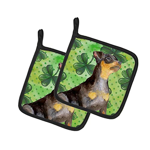 Caroline's Treasures BB9898PTHD Miniature Pinscher #2 St Patrick's Pair of Pot Holders, Green Kitchen Heat Resistant Pot Holders Sets Oven Hot Pads for Cooking Baking BBQ, 7 1/2 x 7 1/2