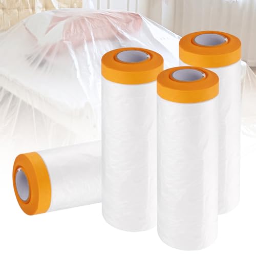 LISHINE 4 Pcs 9.8Ft x 65.6 Ft Plastic Painting Drop Film, Tape and Drape Dust Plastic Drop Cloth, Pre-Taped Masking Film for Automotive Painting Covering