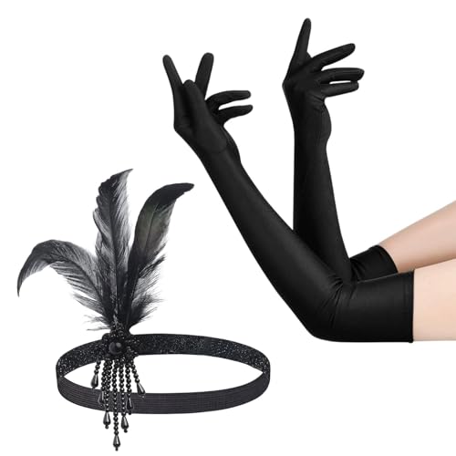 AIWXEEU 2 peças acessórios anos 20 mulheres, diadema penas e luvas compridas, acessórios de 1920, disfarce de Charleston para mulher festa temática de Gatsby Halloween Natal, preto