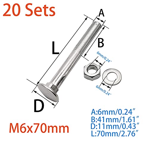 Image of 20 Sets Long Square-Neck Carriage Bolts Set,Carriage Bolts Set w /Nuts & Flat Washers,Zinc-Plated,Carbon Steel Grade 4.8,Plain Finish,Partial Threaded(M6-1.0X70mm)
