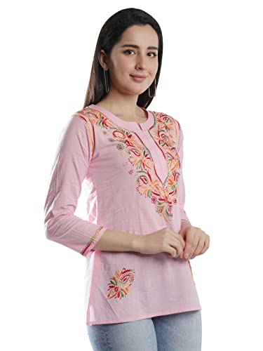 Image of Seva Chikan Hand Embroidered Lucknowi Chikankari Cotton Short Kurti Tunic Top for Women SCL4076