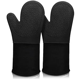 Silicone Oven Mitt Waterproof, Heat Resistant, Long Cotton Bbq Baking Gloves