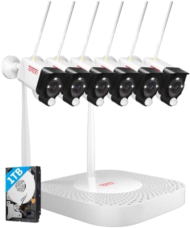 [2K&2 Way Audio&Dual WiFi] Tonton Security Camera System Wireless,10CH NVR with 1TB HDD and 6PCS 3MP Outdoor Bullet Cameras with PIR Sensor,Floodlight,Plug and Play,Amazon Alexa Supported