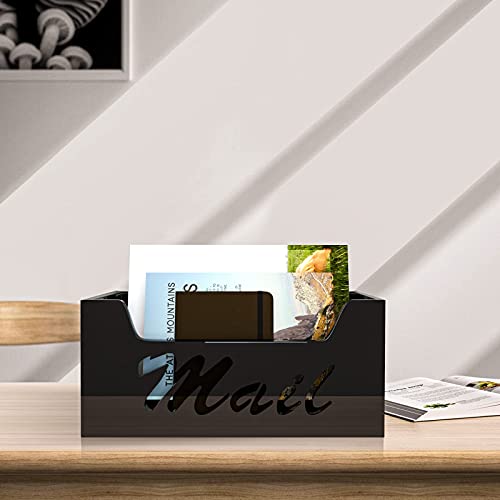 Black Acrylic Mail Letter Holder Box - Wishacc Vertical Bill & Envelope Sorter Basket For Countertop And Desktop, Decorative Tabletop File Folder & Paper Storage Organizer Tray #TOP4