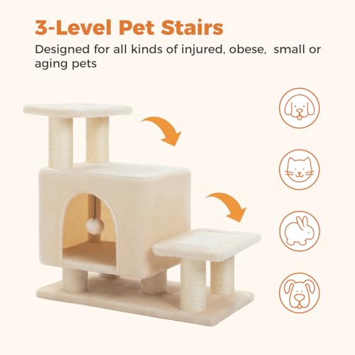 Image of 3-in-1 Dog Stairs & Cat Scratching Post with Condo, Pet Steps for High Beds, Sofa, Couch, Tall Cat Tower, High-Strength Boards for Indoor Small Cats Kittens Dogs Climbing Playing, 3 Steps-Beige