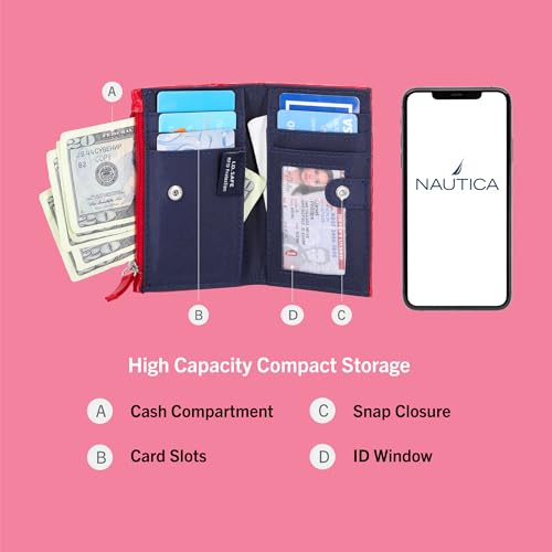 Image of Nautica High Tide Small Wallet for Women, RFID Blocking Slim Credit Card Holder with Zipper Coin Pocket, Bifold Compact Wallet with ID Window, Americana
