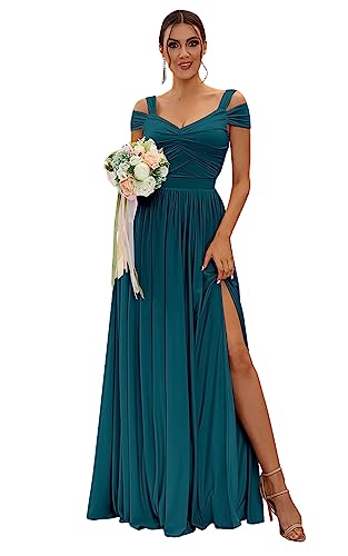 Image of SOLODISH Off The Shoulder Bridesmaid Dresses Long Chiffon Formal Evening Dresses for Women