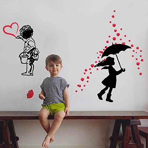 SUPERDANT Filles Stickers Muraux Coeurs Vinyle Sticker Street Art Petite Fille avec Coeur Ballon Rue Graffiti Décor Design Adhésif Décoration Autocollant...