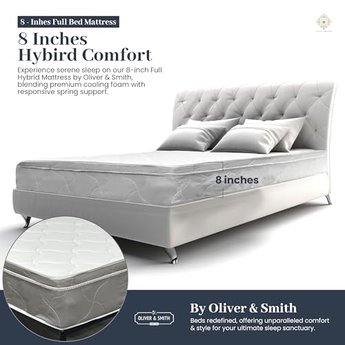 Full Mattress - 8 Inch Cool Comfort Foam & Spring Hybrid Mattress with Breathable Organic Cotton Cover - Quilted Soft Tight Top - Rolled in a Box - Oliver & Smith
