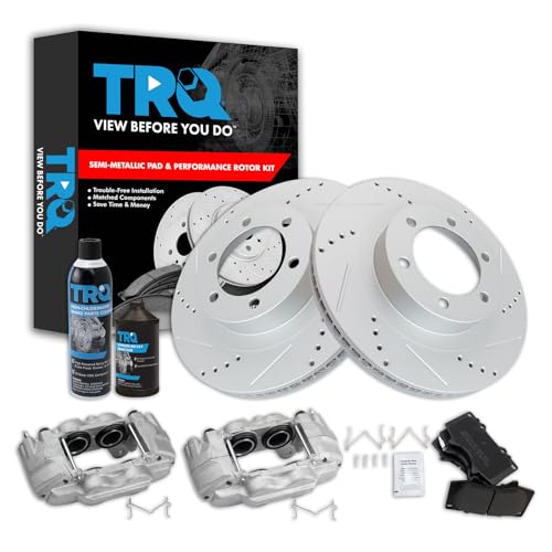 TRQ Front Performance Brake Pad & Rotor Kit Brake Caliper Brake Chemical Kit Brake Pads Brake Rotors Set Semi-Metallic Premium G-Coated Compatible with 2003-2009 Lexus GX470 Toyota 4Runner