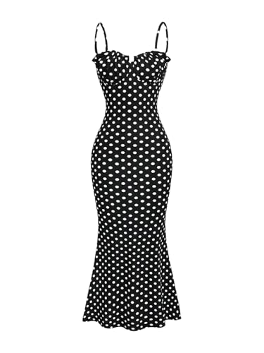 Milumia Women's Polka Dots Frill Trim Cami Dress Elegant Ruched Bust Fishtail Maxi Dresses Black and White Medium