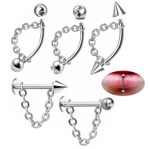 5 Pcs Vertical Labret Lip Piercing Jewelry 316L Stainless Steel 16G Tragus Helix Rook Piercing Jewelry with Chain Cartilage Earrings for Women Men