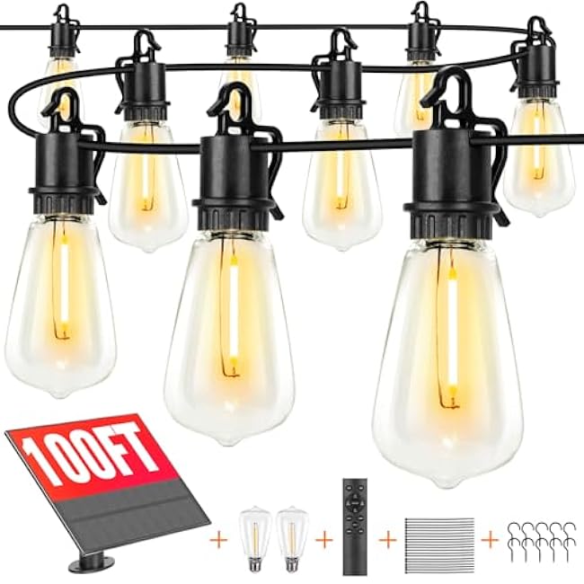 Solar Lights Outdoor String light patio deals 100FT with 32 Shatterproof, solar String Lights Outdoor Waterproof with Remote ST38 Vintage Edison Bulbs,Waterproof Hanging Lights for Outside Backyard