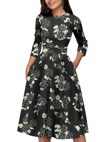 Image of Simple Flavor Women's Floral Vintage Dress Elegant Midi Evening Dress 3 /4 Sleeves