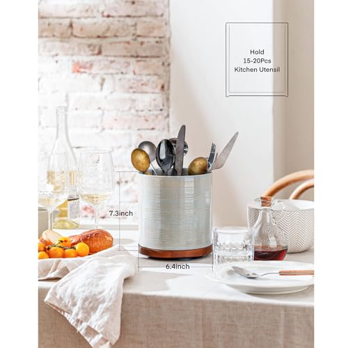 Image of Utensil Holder, 360 Rotating Extra Large Ceramic Kitchen Utensil Holder for Countertop, 7.3 inch Cooking Utensil Crocks with Rotatable Wooden Base, Farmhouse Decor, Dusty Gray