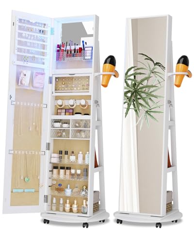 SKKTKT Full Length Mirror with Jewelry Storage, 360° Rotating Jewelry Armoire Organizer with...