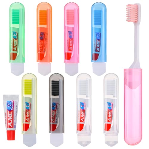 Apricitie 8 Stück Reisezahnbürste mit Zahnpasta, Klappbar Reise Zahnbürste Set Travel Toothbrush Mini Zahnbürste für Unterwegs Reisen Kinder Erwachsene (Bunt)