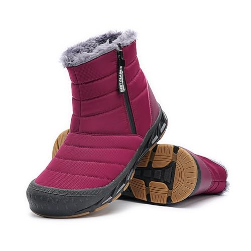 Image of Mens Winter Warm Snow Boots Fur Lined Anti-Slip Waterproof Winter Shoes Retro Anti-Collision Round Toe Zipper Closure Slip on Outdoor Boot (Red,6)