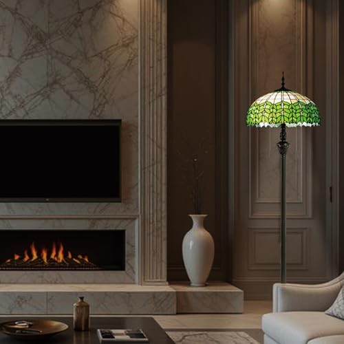 Image of Tiffany Style Floor Lamp, 16 inch Stained Glass Green Leaf Shade with Antique Bronze Base, 2-Light E26 Pull Chain Standing Reading Light for Living Room, Bedroom, UL Listed, 16x16x64 Inches
