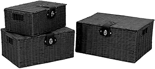 Image of Set of 3 Woven Storage Basket Box Wicker Hamper Stackable Bin with Lid & Lock, Built-in Carry Handles, Organizer for Nursery, Baby Closet, Diaper, Toys, Home, Office, Laundry, DVD (Black)