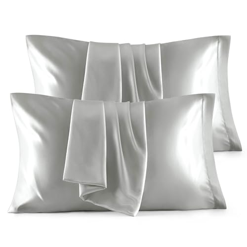 Image of Bedsure King Size Satin Pillowcase Set of 4 - Silver Grey Pillow Covers for Hair and Skin 20x36 Inches with Envelope Closure, Similar to Silk Pillow Cases, Gifts for Women Men