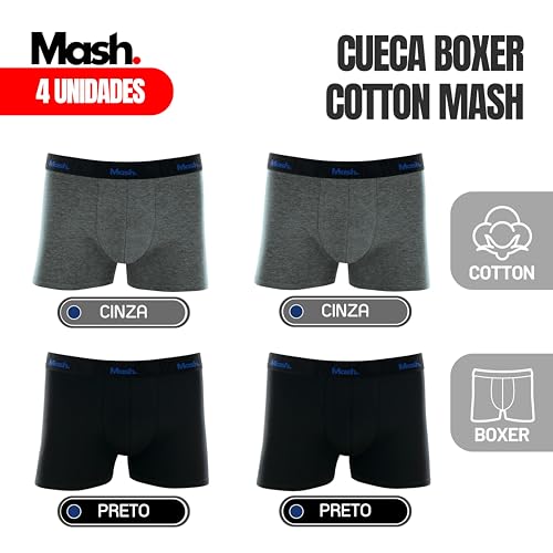 MASH Kit 4 Cuecas Boxer Elástico 35MM Algodão Cotton Respirável Masculino Adulto, 2 Cinza/Azul - 2 P