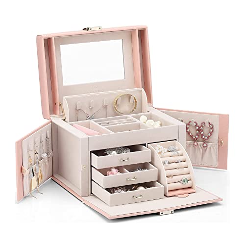 Vlando Mirrored Jewelry Box Organizer, Leather Jewelry Storage Case, Necklaces Earrings Rings Brackets Box Holder, Pink
