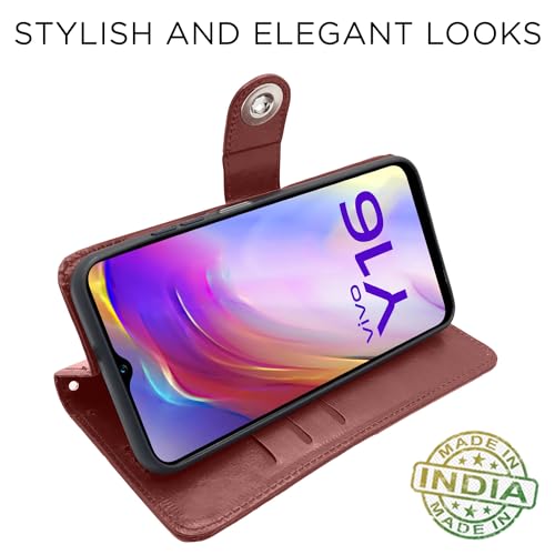 Image of Pikkme Vivo Y16 Flip Cover Leather Finish | Inside TPU with Card Pockets | Wallet Stand and Shock Proof | Complete Protection Button Flip Case (Brown)