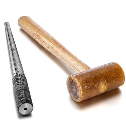 Leriton Natural Rawhide Mallet Tool Rawhide Leather Hammer Polished Steel Ring Mandrel 1 to 14 Us Sizes Jewelry Making Tools Set for Repairing Ring Leather Processing Woodworking DIY Handmade Tool