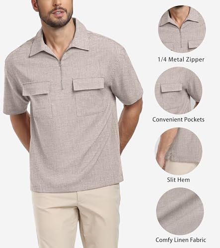 Lepunuo Mens Zipper Polo Shirts Linen Casual Short Sleeve Shirts Loose Fit T Shirts with Cargo Pockets2