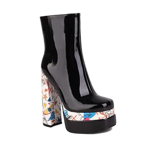 Bottines pour femme - Fermeture éclair - Talon haut - Talon bloc - Fait à la main - Pour femme - Z210-31, Noir , 35 EU Cover