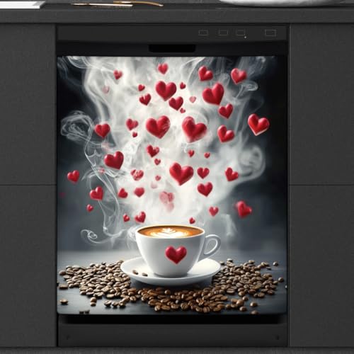 Spülmaschinen-Magnetabdeckung, dekorativ, Kaffeetasse, Kaffeebohnen, Herz, Valentinstag, kratzfest, dekorative magnetische Aufkleber für Kühlschrank und Geschirrspüler, 58,4 x 66 cm Spülmaschinen-Magnetabdeckung, dekorativ, Kaffeetasse, Kaffeebohnen, Herz, Valentinstag, kratzfest, dekorative magnetische Aufkleber für Kühlschrank und Geschirrspüler, 58,4 x 66 cm