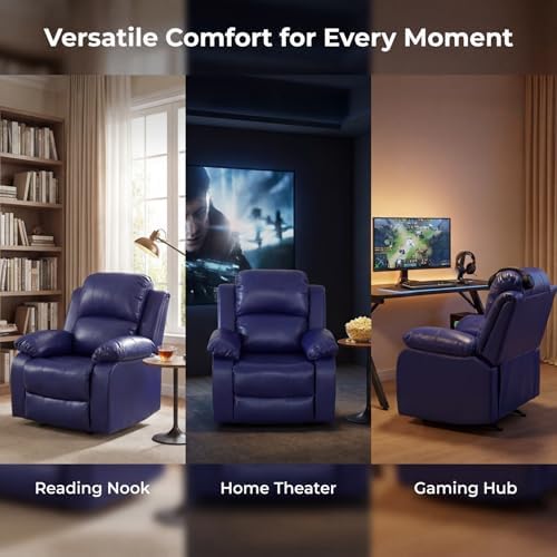 Image of Single Leather Manual Recliner Chair, Oversized Lazy Boy Recliner with Home Theater Seating, Breathable Living Room Reclining Chair for Adults Reading, Gaming, Relax, Dark Blue