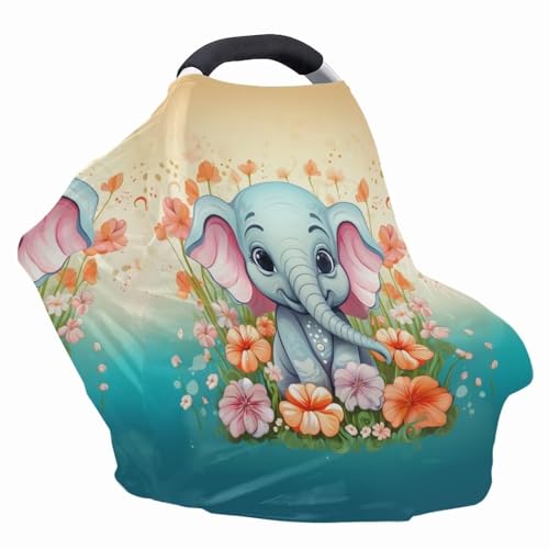 Image of ZFRXIGN Flower Elephant Baby Car Seat Covers, Nursing Cover Breastfeeding Scarf Cartoon Cute Stretchy Coverage, Infant Stroller Cover for Boys Girls