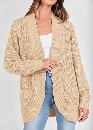 Image of KIRUNDO Cardigan Sweaters for Women 2024 Fall Open Front Long Sleeve Loose Lightweight Knit Sweater Coat with Pockets(Apricot, Large)